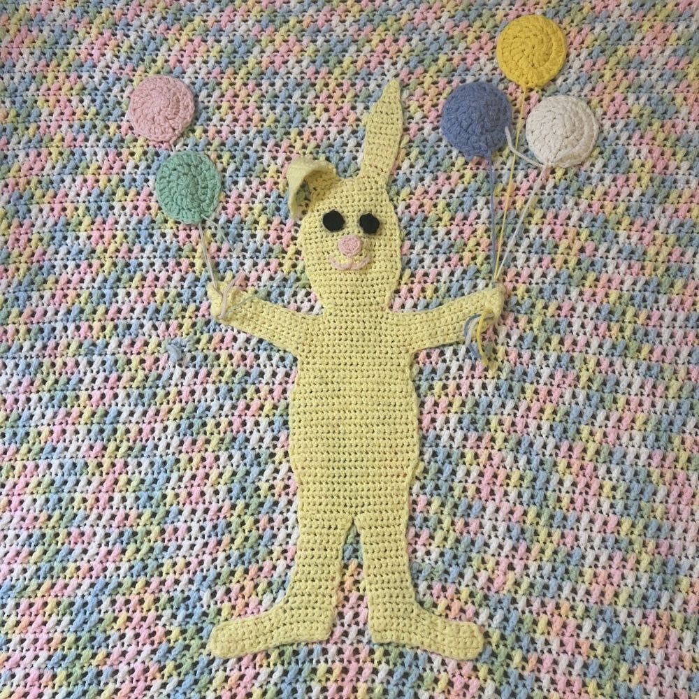Infant Baby Blanket Handmade Crochet Rainbow Pastel Bunny‎ Balloons 52x38"
